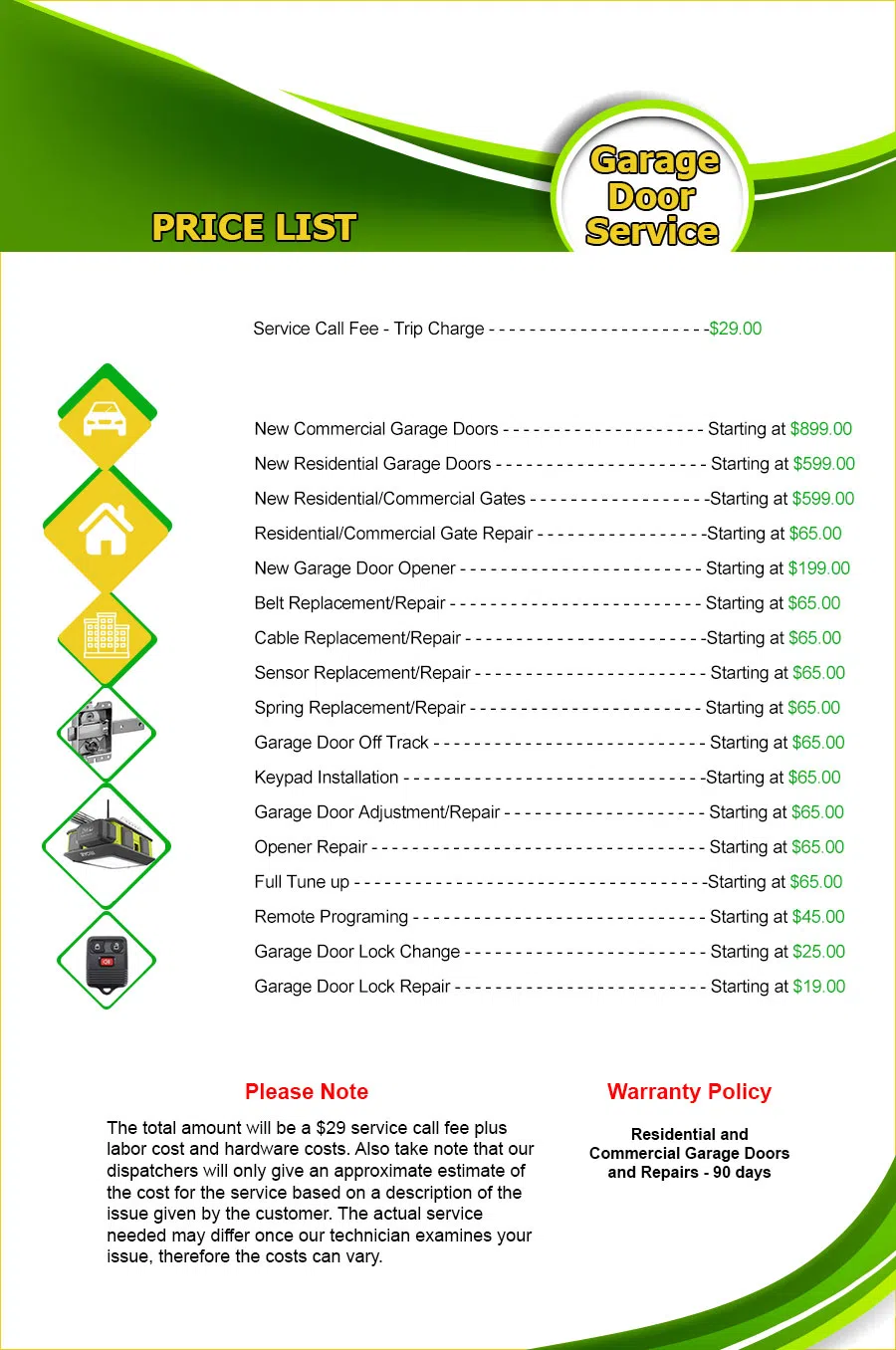 Price List Master Garage Door Service